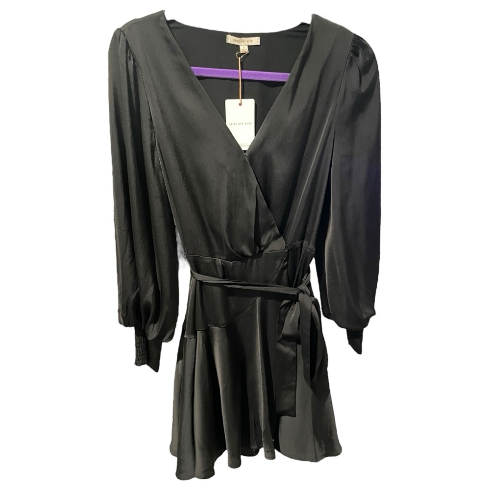 Skies Are Blue Black Satin Wrap Dress S NWT Tie Waist Ruffle Mini Romantic